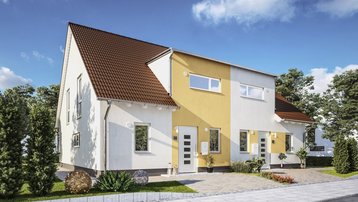 Doppelhaus im Landkreis Emsland bauen mit Thielker MassivHaus Modernes Doppelhaus mit heller Fassade, gelben Akzenten und Vorgarten im Landkreis Emsland