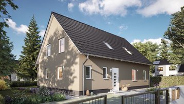Klinkerhaus mit Satteldach und Vorgarten Modernes Einfamilienhaus mit roter Klinkerfassade, dunklem Satteldach, Dachfenstern und gepflegtem Vorgarten