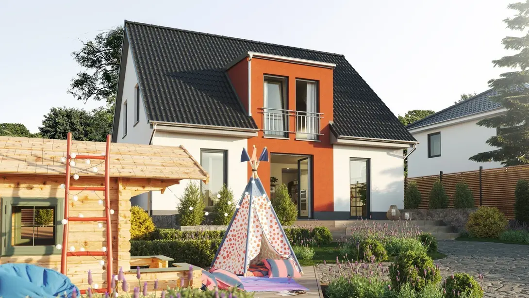Modernes Einfamilienhaus mit rotem Fassadenakzent und Spielbereich im Garten