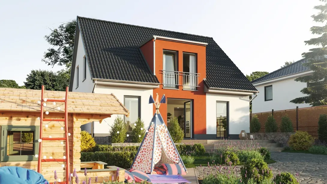 Familienhaus mit Garten und Spielbereich Modernes Einfamilienhaus mit Satteldach, rotem Fassadenakzent, Garten und Spielbereich für Kinder