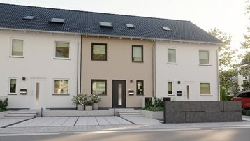 Reihenhaus im Landkreis Emsland bauen mit Thielker MassivHaus Modernes Reihenhaus mit heller Fassade, Satteldach, Dachfenstern und gepflasterten Eingängen im Landkreis Emsland