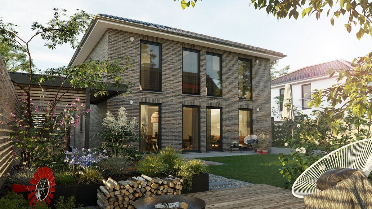 Modernes Architektenhaus mit Klinkerfassade, großen Fenstern, Terrasse und gepflegtem Garten