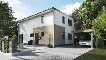 Modernes Architektenhaus mit Flachdach, heller Fassade, Carport und großzügiger Einfahrt