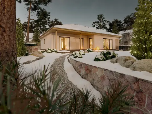 Moderner Bungalow mit großen Fensterfronten, beleuchteter Terrasse und geschwungenem Gartenweg – Massivhaus von Thielker MassivHaus