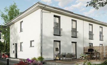 Doppelhaushälfte mit Terrasse und Garten Moderne Doppelhaushälfte mit heller Fassade, Walmdach, Terrasse und gepflegtem Garten