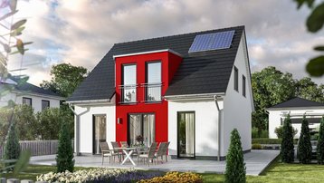 Einfamilienhaus mit rotem Akzent und Photovoltaik Modernes Einfamilienhaus mit Satteldach, rotem Fassadenakzent, Photovoltaikanlage, Terrasse und gepflegtem Garten