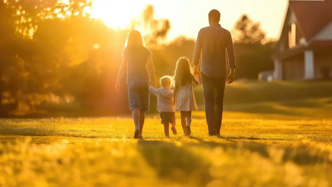 Familienfreundlich wohnen im Baugebiet Greven Reckenfeld Familie spaziert bei Sonnenuntergang durch ein Wohngebiet als Symbol für familienfreundliches Bauen in Greven Reckenfeld