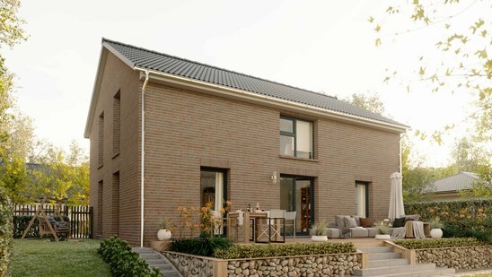 Einfamilienhaus Landhaus 142 mit Terrasse und Garten Einfamilienhaus Landhaus 142 mit Klinkerfassade, Satteldach, Terrasse und blühendem Garten