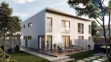 Stadtvilla mit Flachdach im Landkreis Emsland bauen mit Thielker MassivHaus Moderne Stadtvilla mit Flachdach, heller Fassade, Terrasse und Garten im Landkreis Emsland