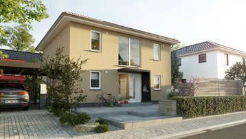 Modernes Einfamilienhaus mit Walmdach und Carport Modernes Einfamilienhaus mit gelber Fassade, Walmdach, Carport, Vorgarten und gepflastertem Eingangsbereich