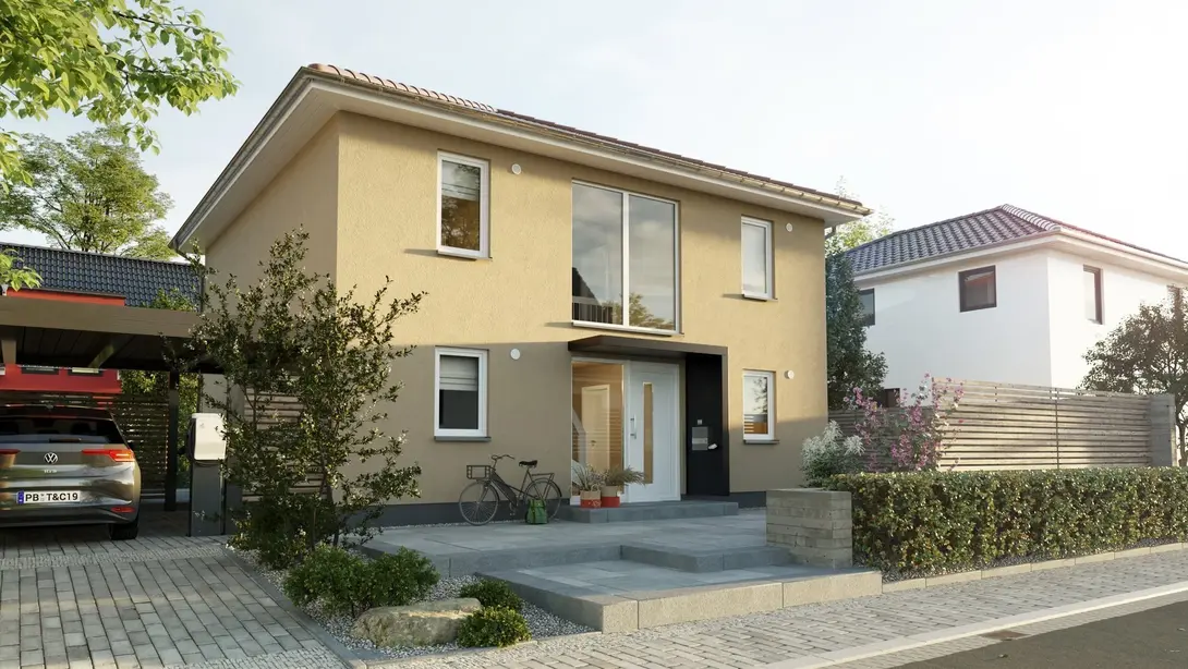 Modernes Einfamilienhaus mit klarer Architektur Modernes zweigeschossiges Einfamilienhaus mit Carport und Garten – Massivhaus in Westerkappeln.