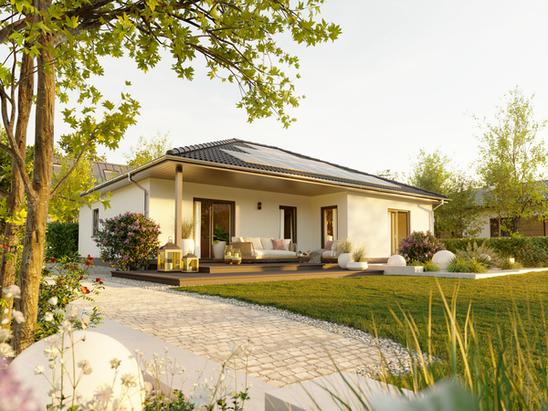 Winkelbungalow 108 – stilvoller Bungalow mit überdachter Terrasse und Gartenblick