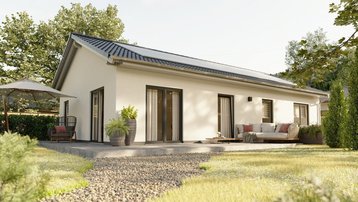 Moderner Bungalow mit Terrasse und Garten Moderner Bungalow mit heller Fassade, Satteldach, Terrasse und weitläufigem Garten