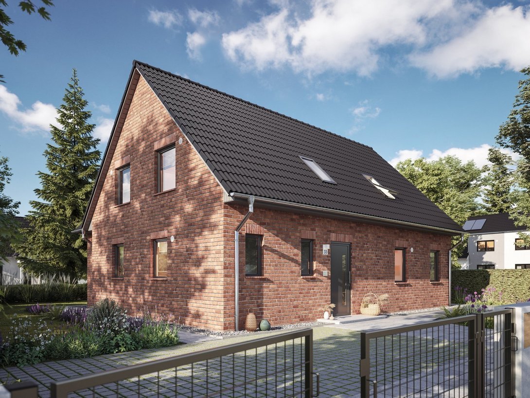 Modernes Doppelhaus von Thielker MassivHaus mit roter Klinkerfassade, Solaranlage, Terrasse und gepflegtem Garten.