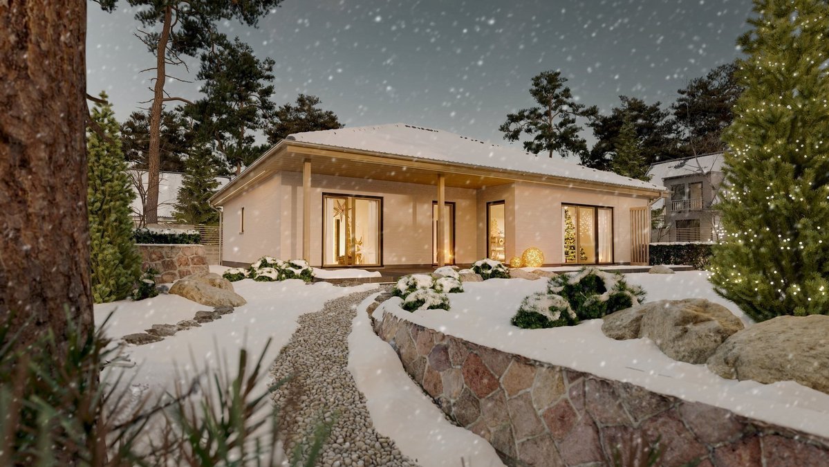 Moderner Massivhaus-Bungalow im verschneiten Garten – energieeffizientes Einfamilienhaus von Thielker MassivHaus