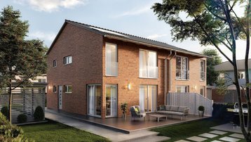Modernes Mehrfamilienhaus mit Klinkerfassade, Terrasse, Garten und Balkonen