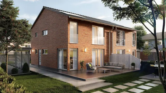 Modernes Doppelhaus mit roter Klinkerfassade, Terrasse und Garten als Beispiel für Hausbau im Baugebiet Hopsten-Schale Schützenstraße Modernes Doppelhaus mit roter Klinkerfassade, Terrasse und Garten als Beispiel für Hausbau im Baugebiet Hopsten-Schale Schützenstraße