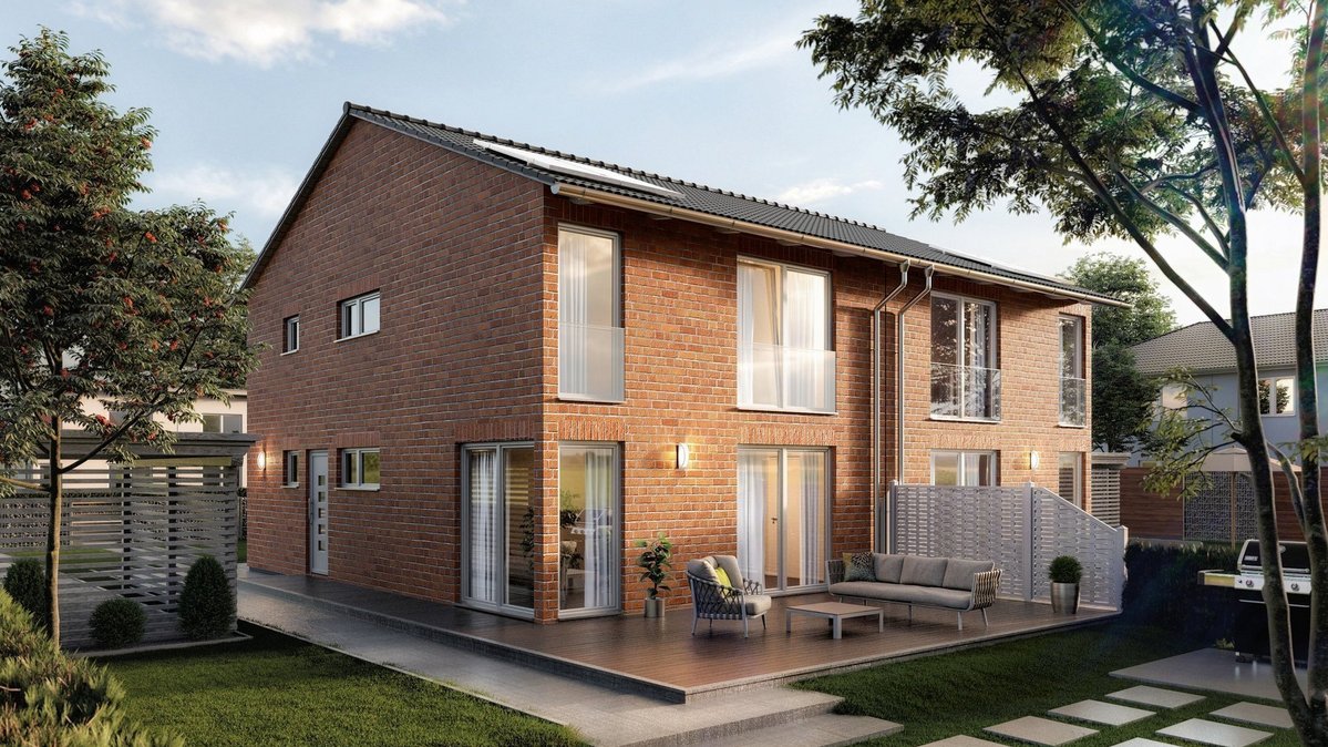 Modernes Mehrfamilienhaus mit Klinkerfassade, Terrasse, Garten und Balkonen