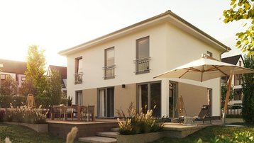 Moderne Stadtvilla mit Terrasse und Garten Moderne Stadtvilla mit heller Fassade, Walmdach, Terrasse, Sonnenschirm und gepflegtem Garten