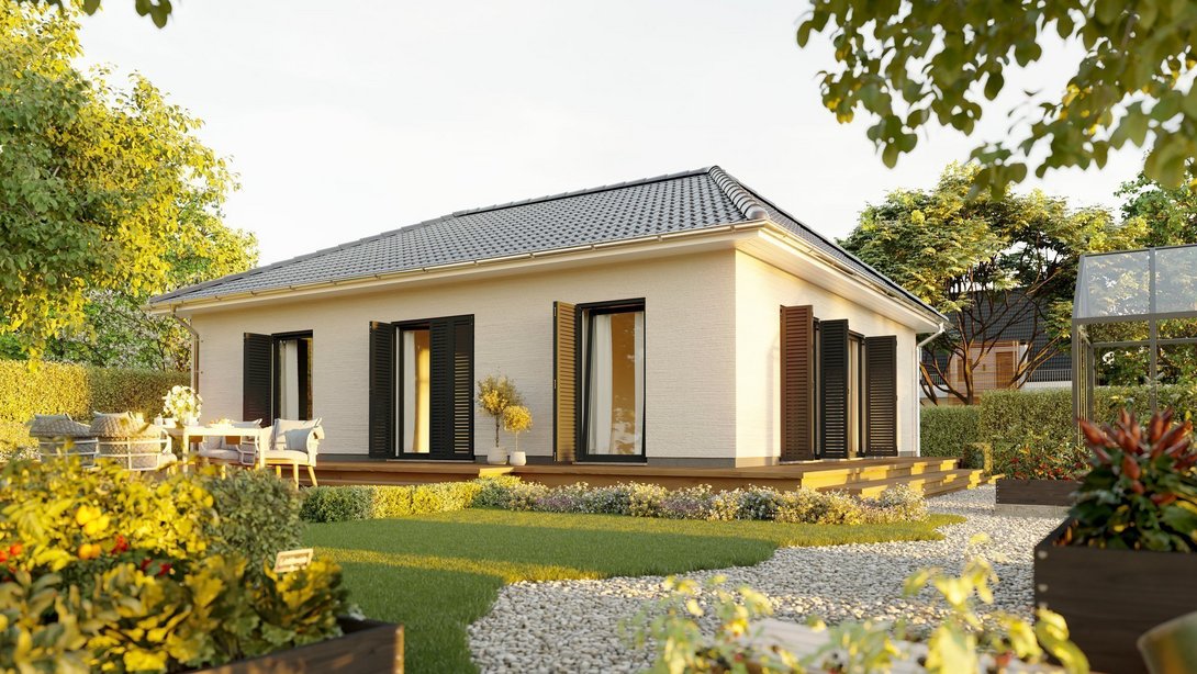 Moderner Bungalow mit Walmdach, Terrasse und Garten – Massivhaus in ruhiger Wohnlage im Münsterland.