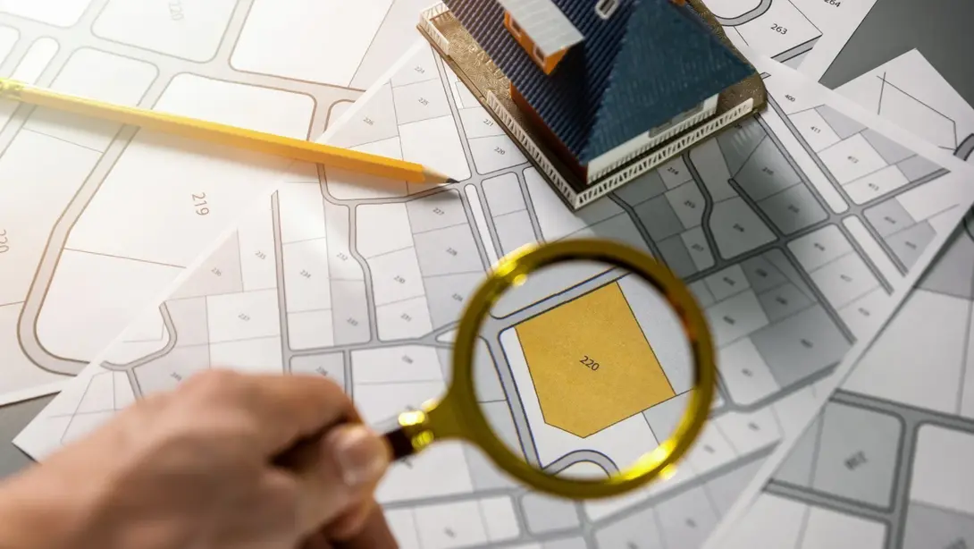 Grundstückssuche und Bauplanung mit Lageplan Lupe markiert ein Grundstück auf einem Lageplan mit Hausmodell und Bleistift als Symbol für Grundstückssuche und Bauplanung