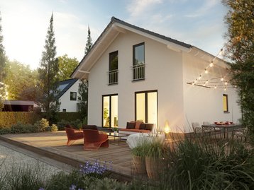 Modernes Einfamilienhaus mit heller Fassade, Satteldach, großen Fenstern, Holzterrasse und Garten