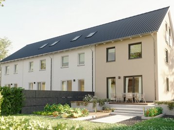 Modernes Reihenhaus mit heller Fassade, dunklem Satteldach, Dachfenstern, Terrasse und Garten