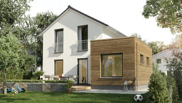 Modernes Einfamilienhaus mit Holz-Anbau und Garten Modernes Einfamilienhaus mit weißer Fassade, Holz-Anbau, Terrasse und familienfreundlichem Garten