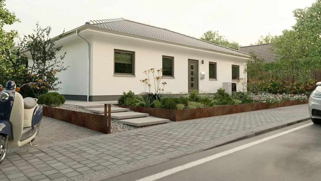 Moderner Bungalow mit Gartenanlage Moderner Bungalow mit weißer Putzfassade und gepflegtem Vorgarten – barrierefreies Massivhaus im Münsterland.