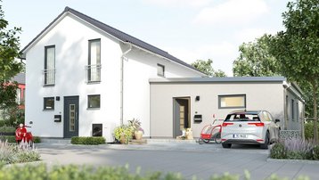 Modernes Wohnhaus mit Anbau und Eingangsbereich Modernes Wohnhaus mit weißer Fassade, Anbau, Eingangsbereich, Auto und Fahrrad vor dem Haus