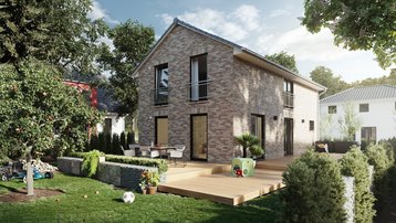 Familienhaus mit Terrasse und Garten Modernes Einfamilienhaus mit weißer Fassade, Satteldach, Terrasse und familienfreundlichem Garten