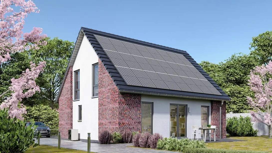 Klinkerhaus mit Photovoltaik und Garten Modernes Einfamilienhaus mit Klinkerfassade, Satteldach und großer Photovoltaikanlage – Massivhaus von Thielker MassivHaus