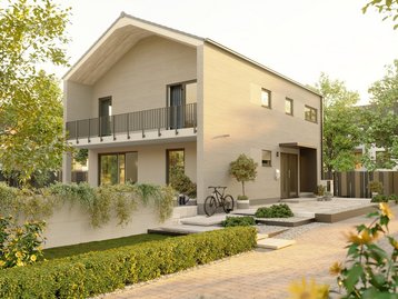 Modernes zweigeschossiges Einfamilienhaus mit heller Fassade, überdachtem Balkon, Terrasse und gepflegtem Garten