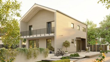 Modernes Einfamilienhaus mit Balkon und Vorgarten Modernes Einfamilienhaus mit heller Fassade, Satteldach, Balkon, Eingangsbereich und gepflegtem Vorgarten