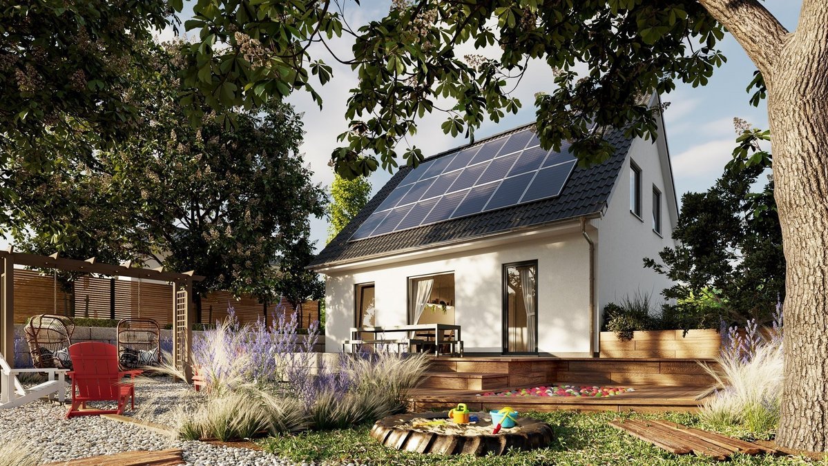Modernes Einfamilienhaus mit großer Photovoltaikanlage, Terrasse und naturnah gestaltetem Garten im Landkreis Emsland