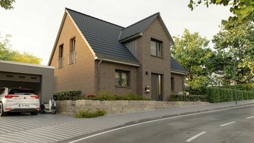 Klinkerhaus mit Satteldach und Carport Modernes Einfamilienhaus mit Klinkerfassade, Satteldach, Carport und gepflegtem Vorgarten an einer ruhigen Straße