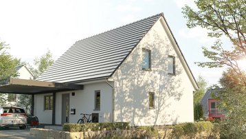 Modernes Einfamilienhaus mit Satteldach, Carport, heller Fassade und gepflegtem Vorgarten