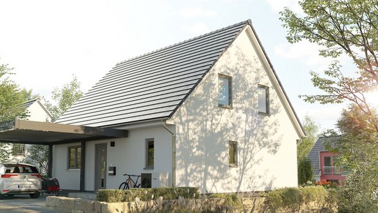 Einfamilienhaus mit Carport im Landkreis Emsland bauen mit Thielker MassivHaus Modernes Einfamilienhaus mit heller Fassade, Satteldach, Carport und Natursteinmauer im Landkreis Emsland