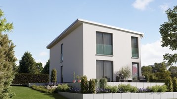 Modernes Architektenhaus mit Flachdach, heller Fassade, großen Fenstern, Terrasse und Garten