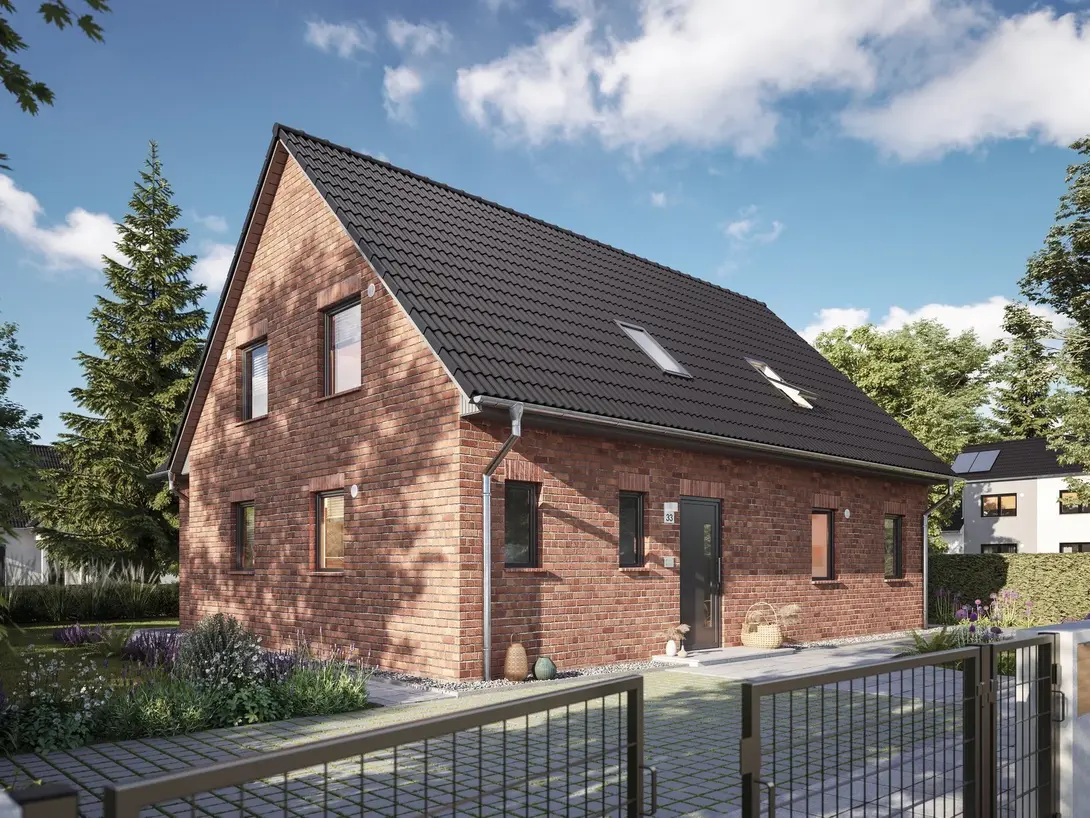 Modernes Doppelhaus als Kapitalanlage im Münsterland Modernes Doppelhaus von Thielker MassivHaus mit roter Klinkerfassade, Solaranlage, Terrasse und gepflegtem Garten.