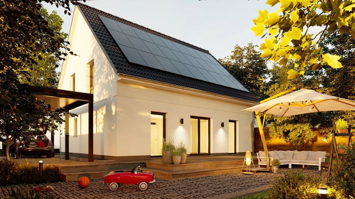 Modernes Einfamilienhaus mit Photovoltaikanlage, Terrasse und Garten – energieeffizientes Massivhaus in Wettringen.
