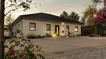 Bungalow mit großer Einfahrt im Landkreis Emsland bauen mit Thielker MassivHaus Moderner Bungalow mit heller Fassade, Walmdach, großer Einfahrt und bepflanztem Vorgarten im Landkreis Emsland