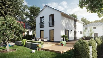 Familienhaus mit Terrasse und Garten Modernes Einfamilienhaus mit weißer Fassade, Satteldach, Terrasse und familienfreundlichem Garten