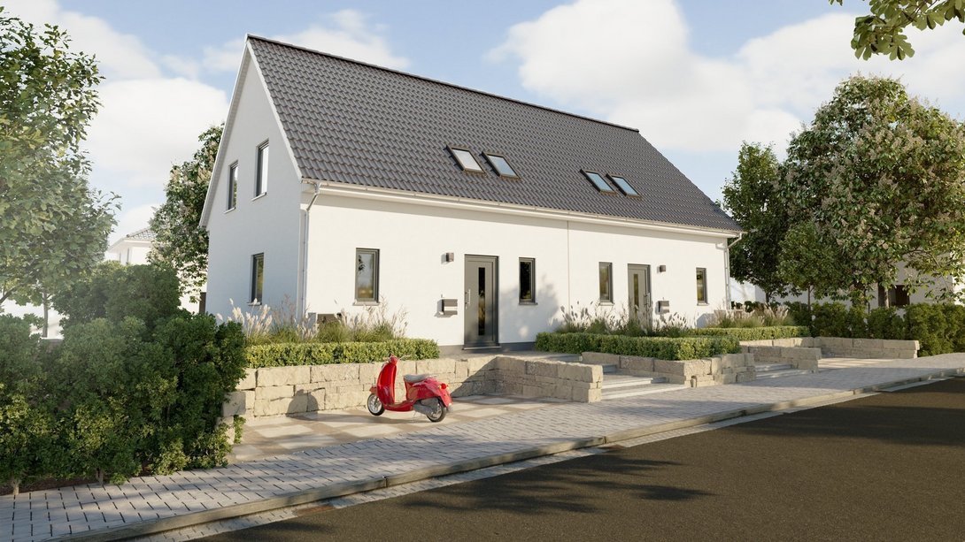 Modernes Doppelhaus mit heller Putzfassade und Satteldach in ruhiger Wohnlage – Massivhaus von Thielker MassivHaus