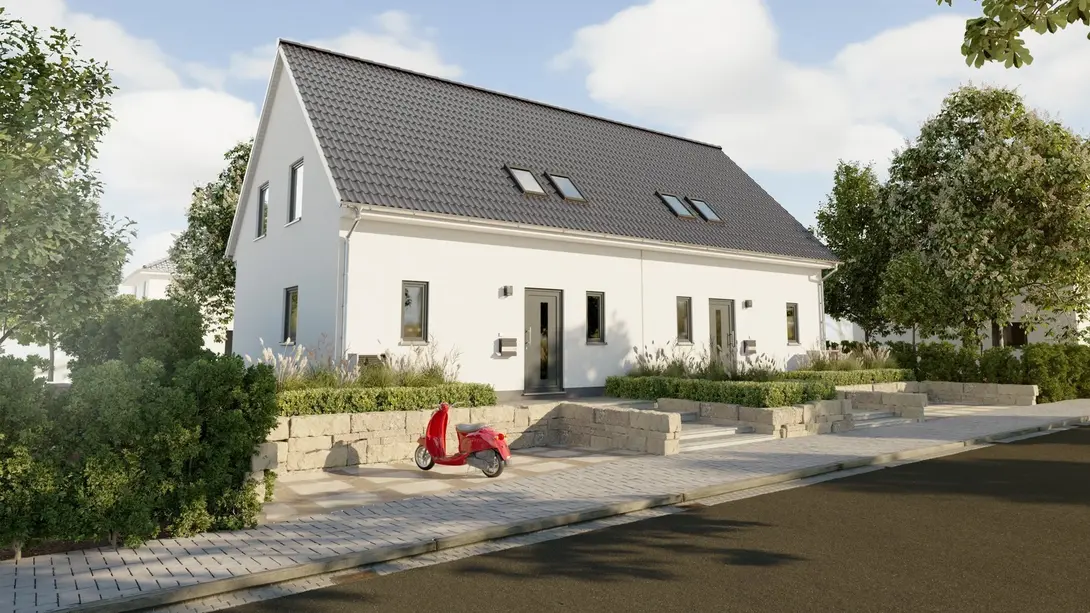 Modernes Doppelhaus in Massivbauweise Modernes Doppelhaus mit heller Putzfassade und Satteldach in ruhiger Wohnlage – Massivhaus von Thielker MassivHaus