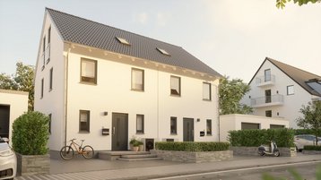 Moderne Doppelhaushälfte mit Satteldach Moderne Doppelhaushälfte mit heller Fassade, Satteldach, Dachfenstern, Vorgarten und ruhiger Wohnstraße