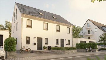 Moderne Doppelhaushälfte mit Satteldach Moderne Doppelhaushälfte mit heller Fassade, Satteldach, Dachfenstern, Vorgarten und ruhiger Wohnstraße