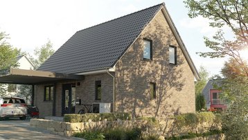 Klinkerhaus mit Satteldach und Carport Modernes Einfamilienhaus mit Klinkerfassade, Satteldach, Carport und gepflegtem Vorgarten