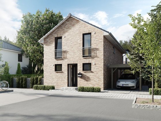 Zweigeschossiges Einfamilienhaus mit Klinkerfassade, Balkon und Carport