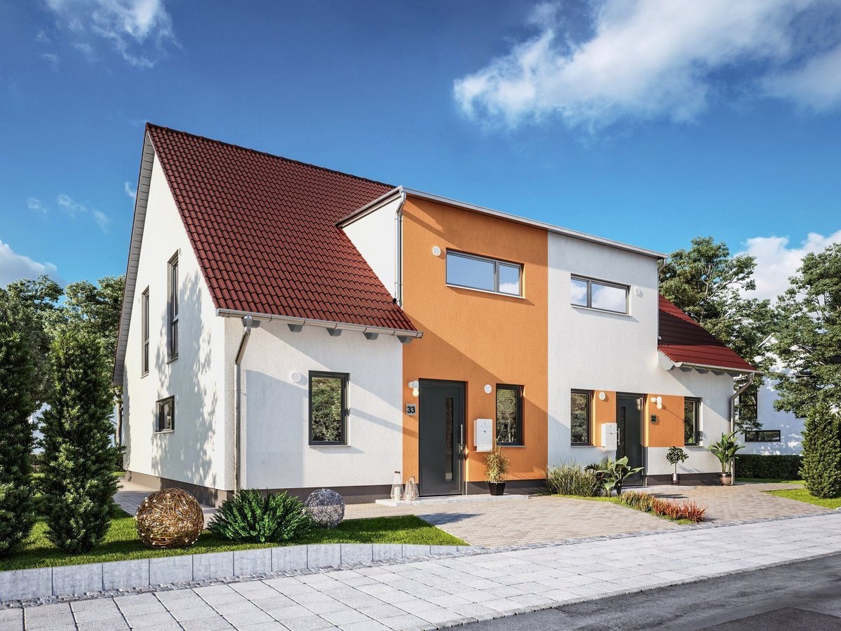 Einfamilienhaus bauen im Baugebiet Silberweg West Modernes Einfamilienhaus mit heller Fassade, rotem Satteldach und orangefarbenem Akzent als Beispiel für Hausbau im Baugebiet Silberweg West in Emsdetten